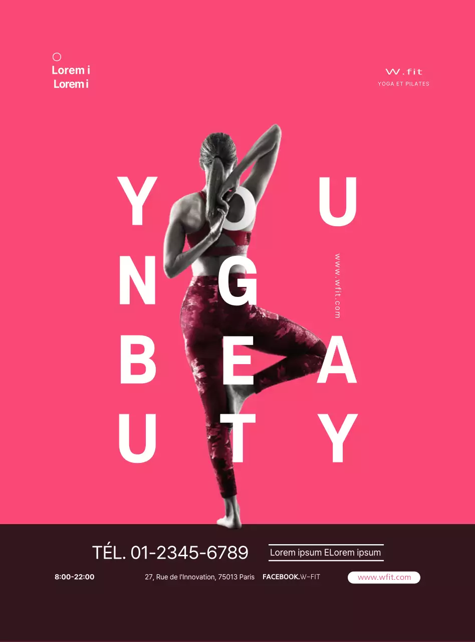 Information et promotion du yoga dans un style simple, rose et blanc.