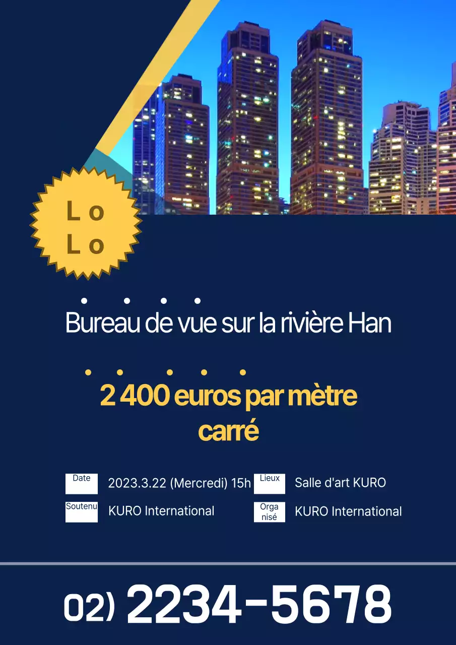 Promouvoir la vente d'une mention de vue sur la rivière avec une photo de vue nocturne en bleu.