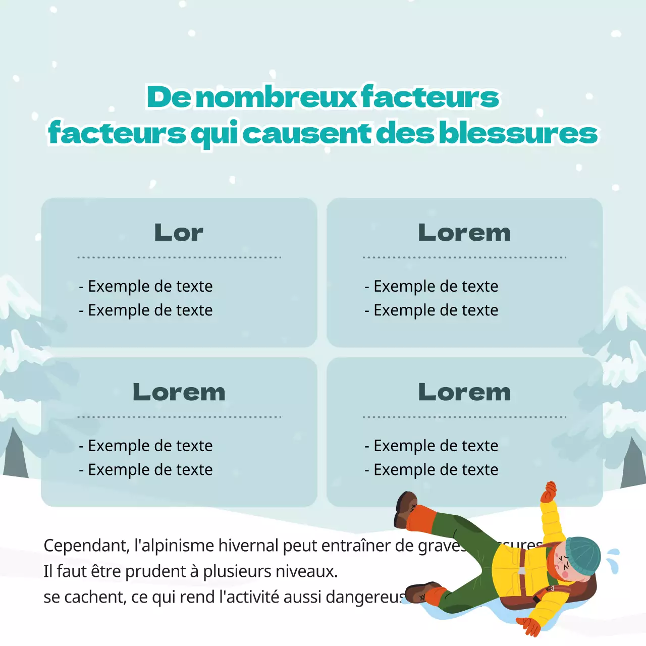 Illustrations mignonnes en bleu clair et vert Conseils de sécurité en montagne pour l'hiver