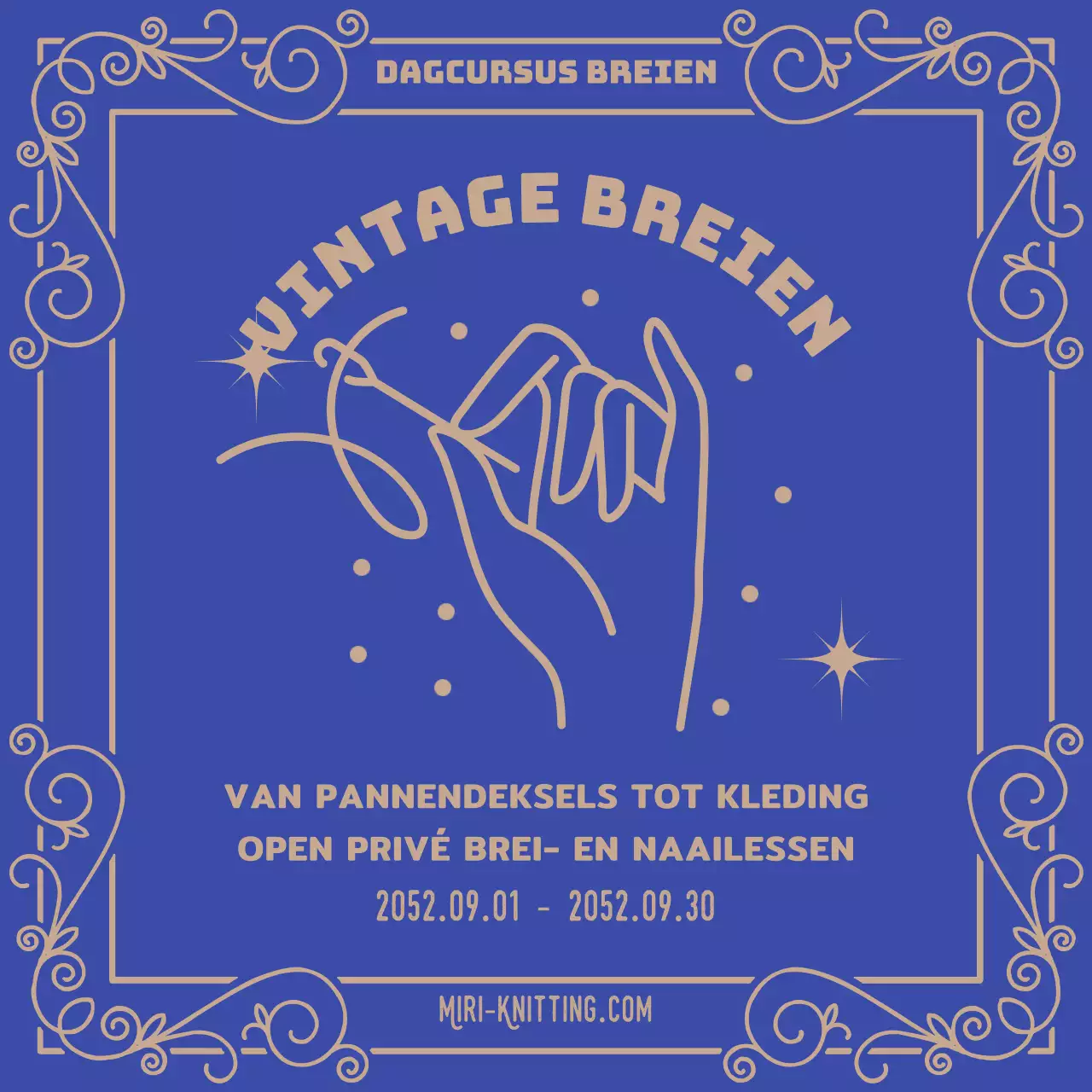 Aankondiging van de opening van een brei- en naailes in blauw en beige