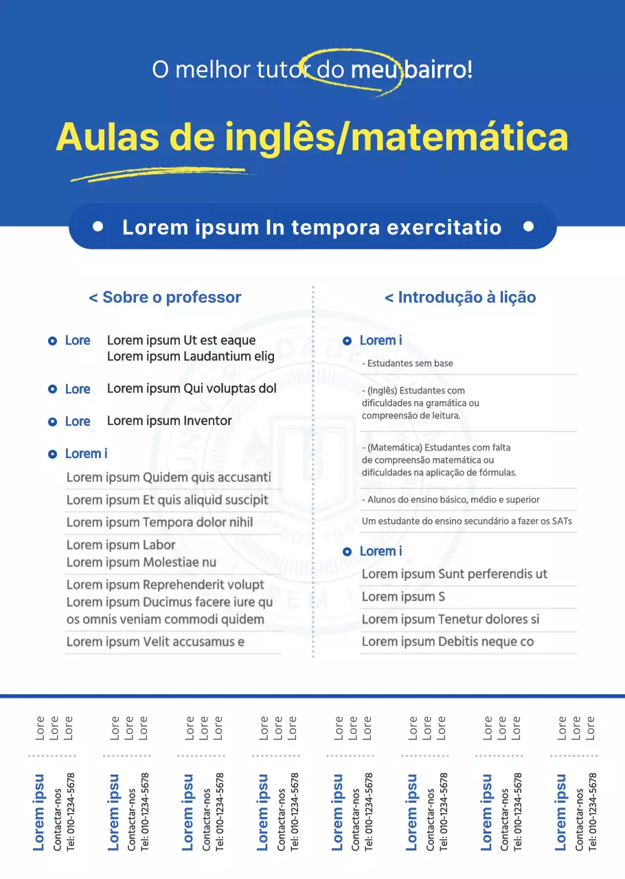 Estilo simples e marcante em azul e amarelo para informação e promoção de explicações profissionais