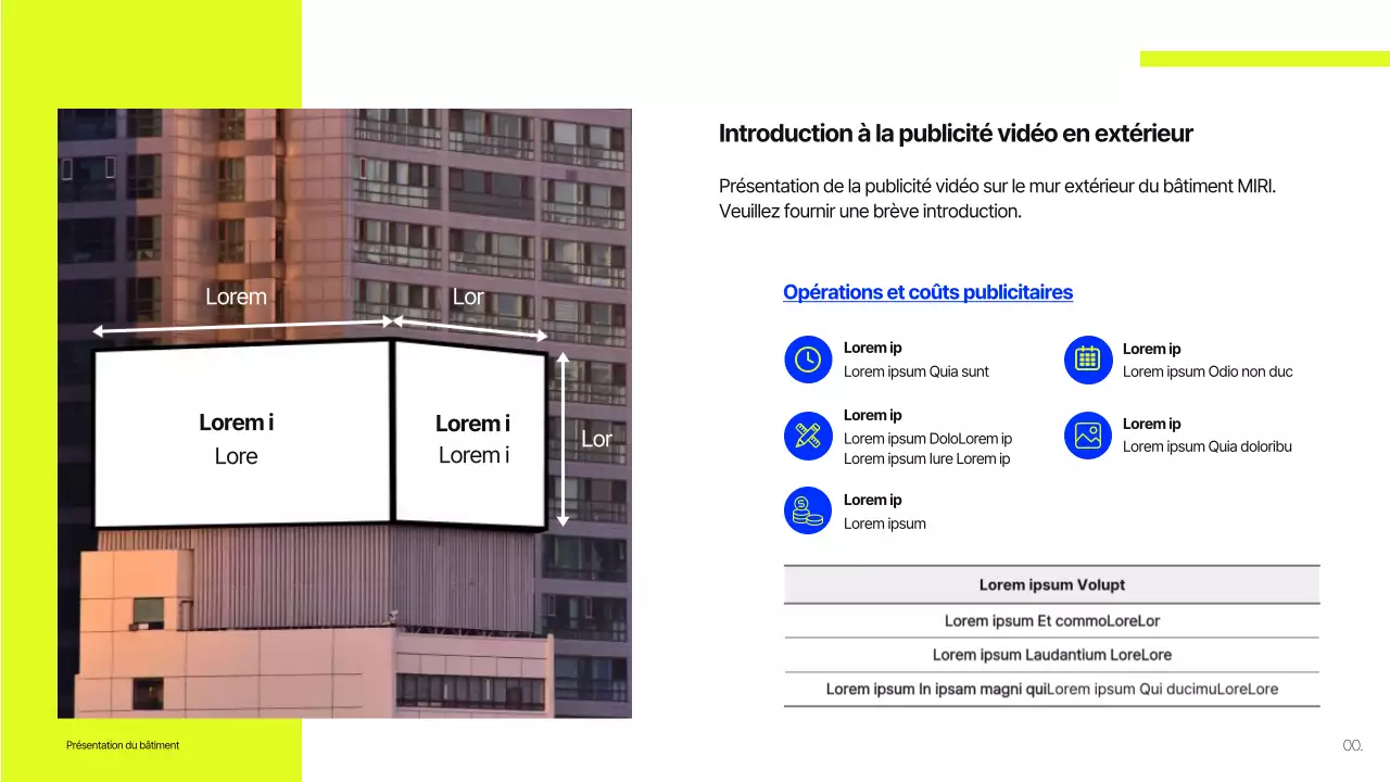 Proposition de panneau d'affichage pour les bâtiments bleu et citron vert
