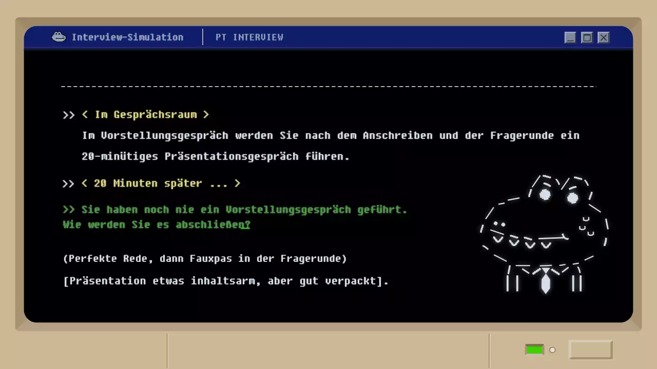 Simulation eines Vorstellungsgesprächs mit einem schwarzen Retro-Schlamm-Spielkonzept