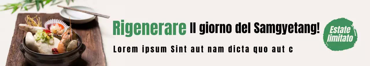 Promuovete un semplice menu samgyetang con un carattere calligrafico dagli accenti verdi su sfondo bianco.