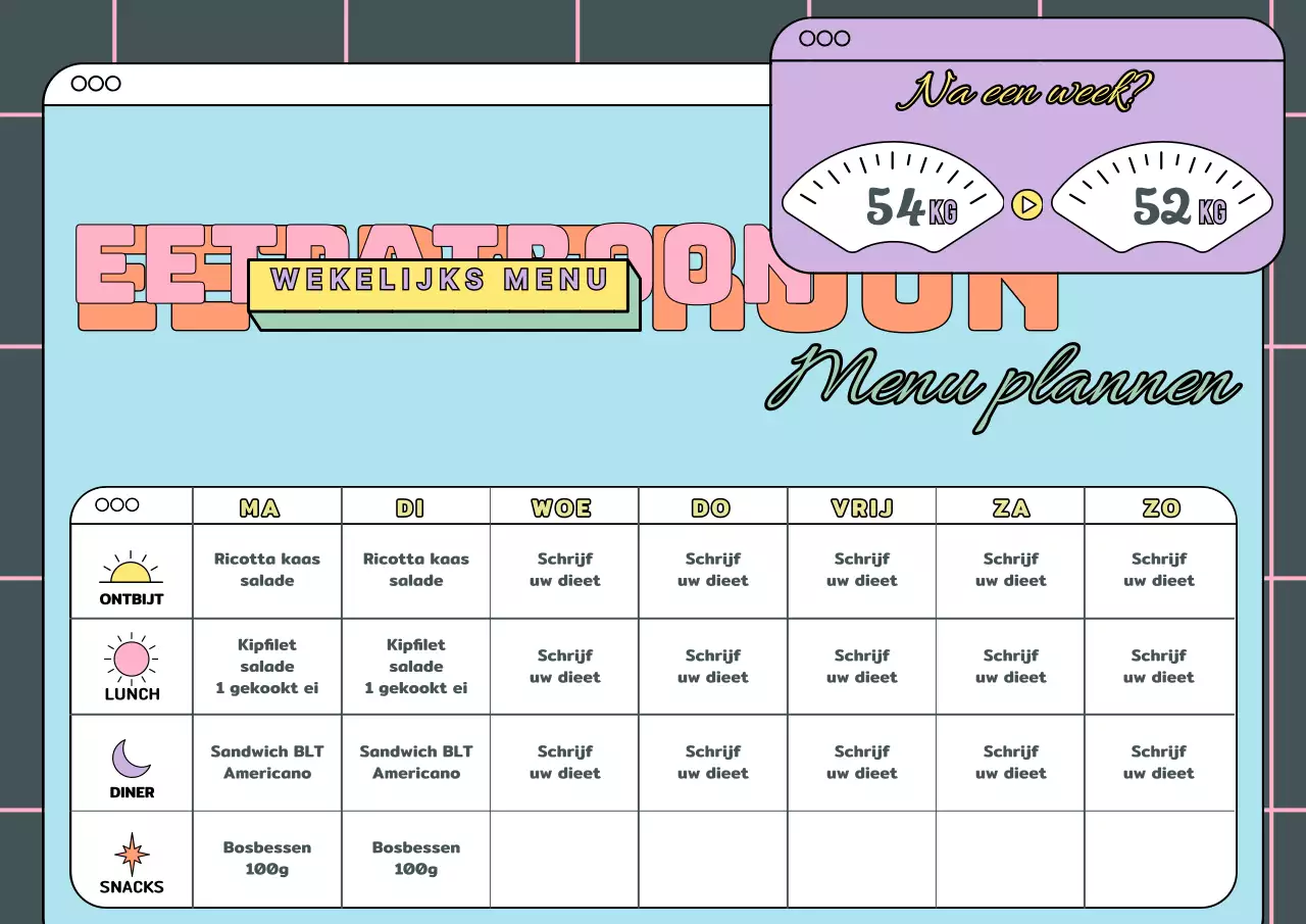 Lichtblauw roze paars fris gekleurd schattig dieet maaltijdplan