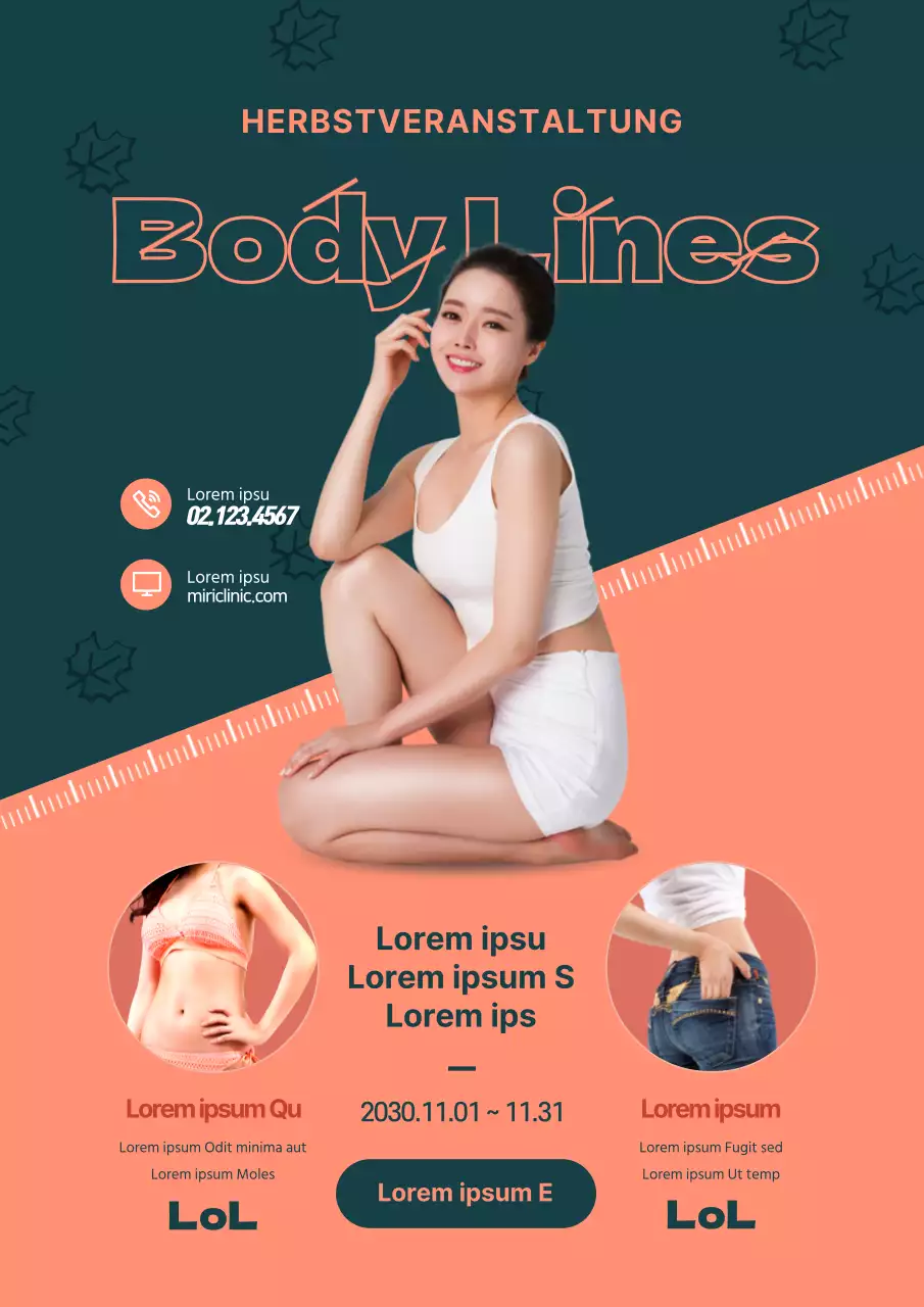 Bewerben Sie eine saisonale Veranstaltung für plastische Chirurgie mit einem Foto einer Frau in Grün und Orange.