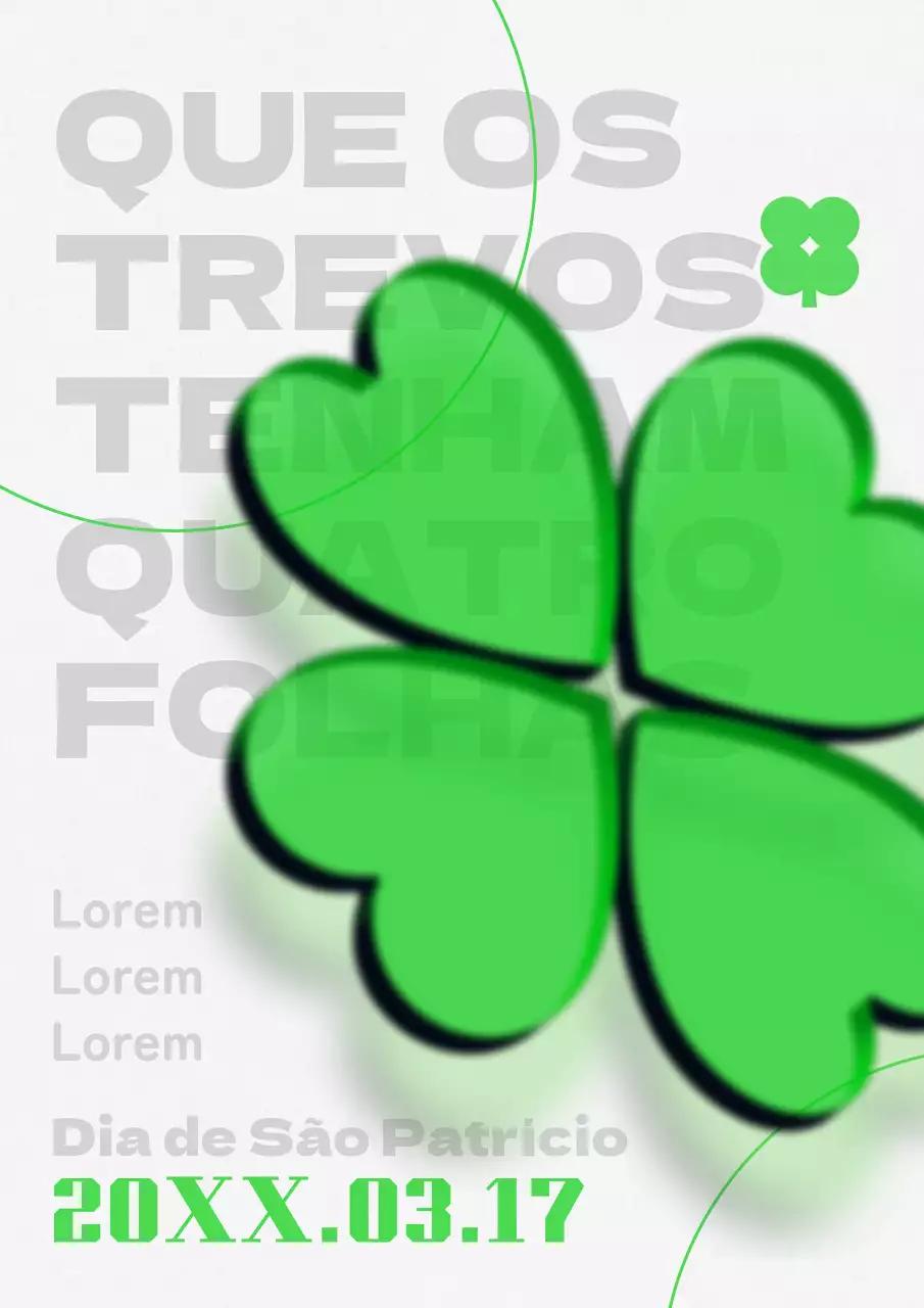Ilustração 3D transparente verde de um trevo de quatro folhas com design simples de cartaz