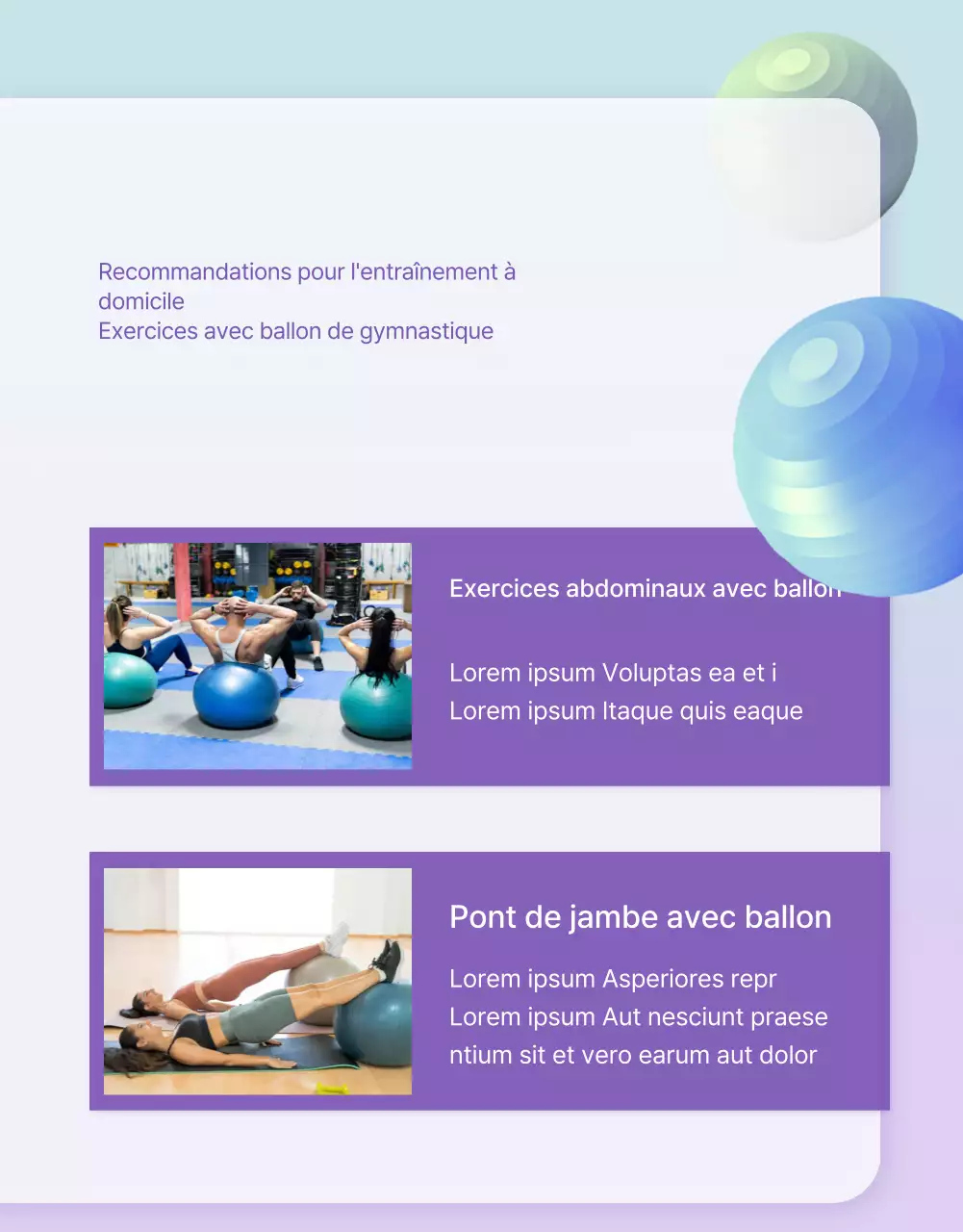 Présentation de l'appareil artistique à balles de gymnastique violet, vert lime et bleu