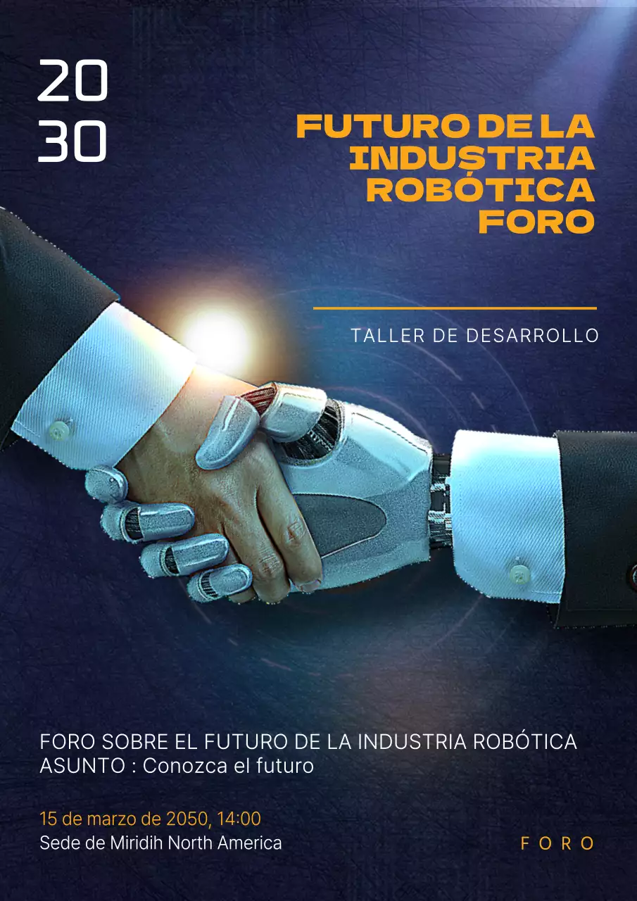 Cartel del foro de investigación robótica que muestra un robot y un humano dándose la mano sobre un fondo azul marino granulado con textura.