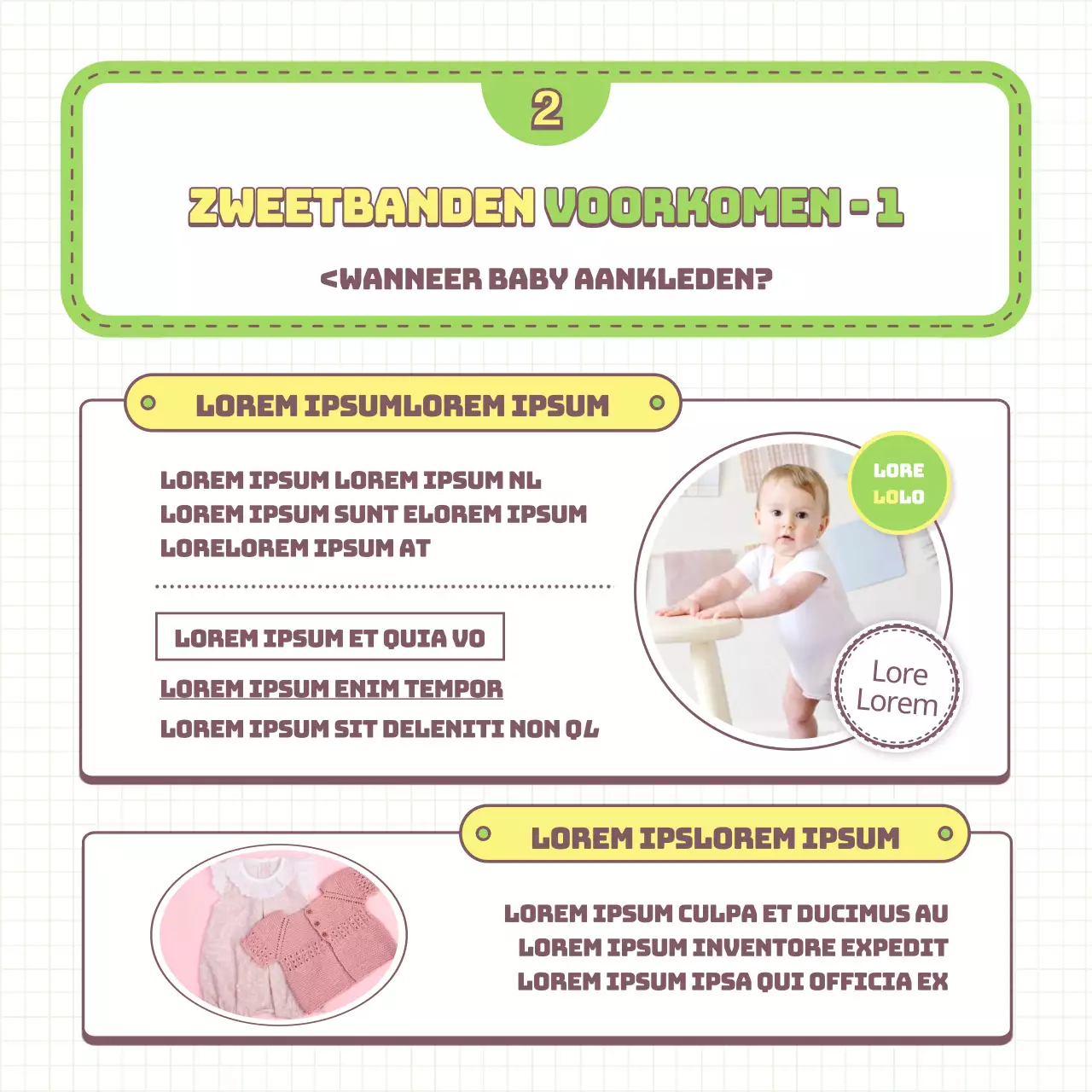 Tips om babyblootstelling te voorkomen en aanbevelingen voor opvoedingsartikelen, geïllustreerd in lichtgroen en geel.
