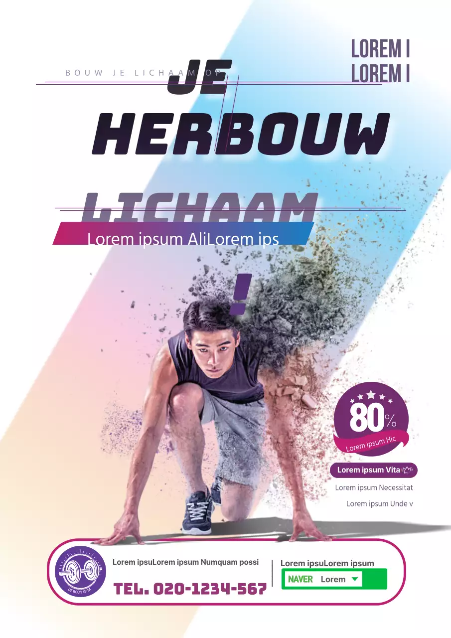 Een kleurrijke paarse en witte promotieflyer voor een fitnessevenement