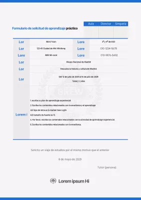 Diseño sencillo de formulario de solicitud de aprendizaje experimental en azul y blanco