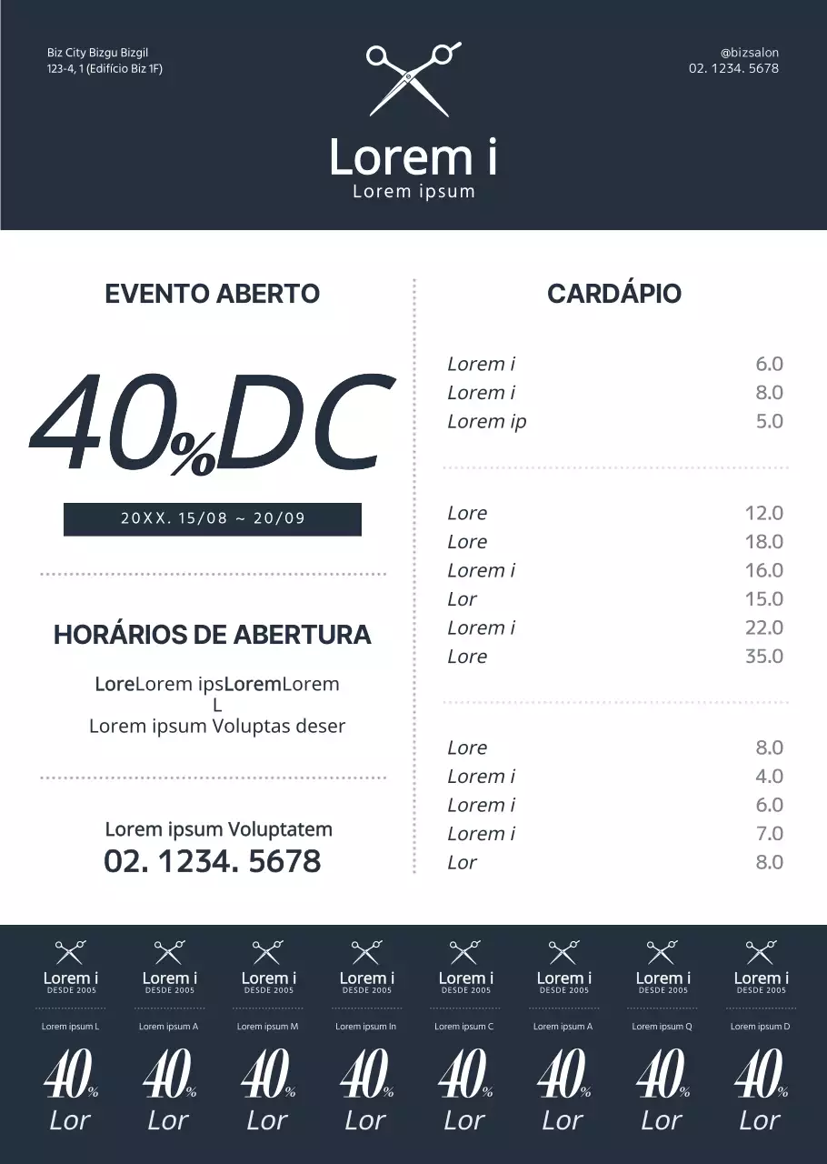 Estilo simples e limpo em azul-marinho escuro e branco Para informação e promoção do seu salão de beleza.