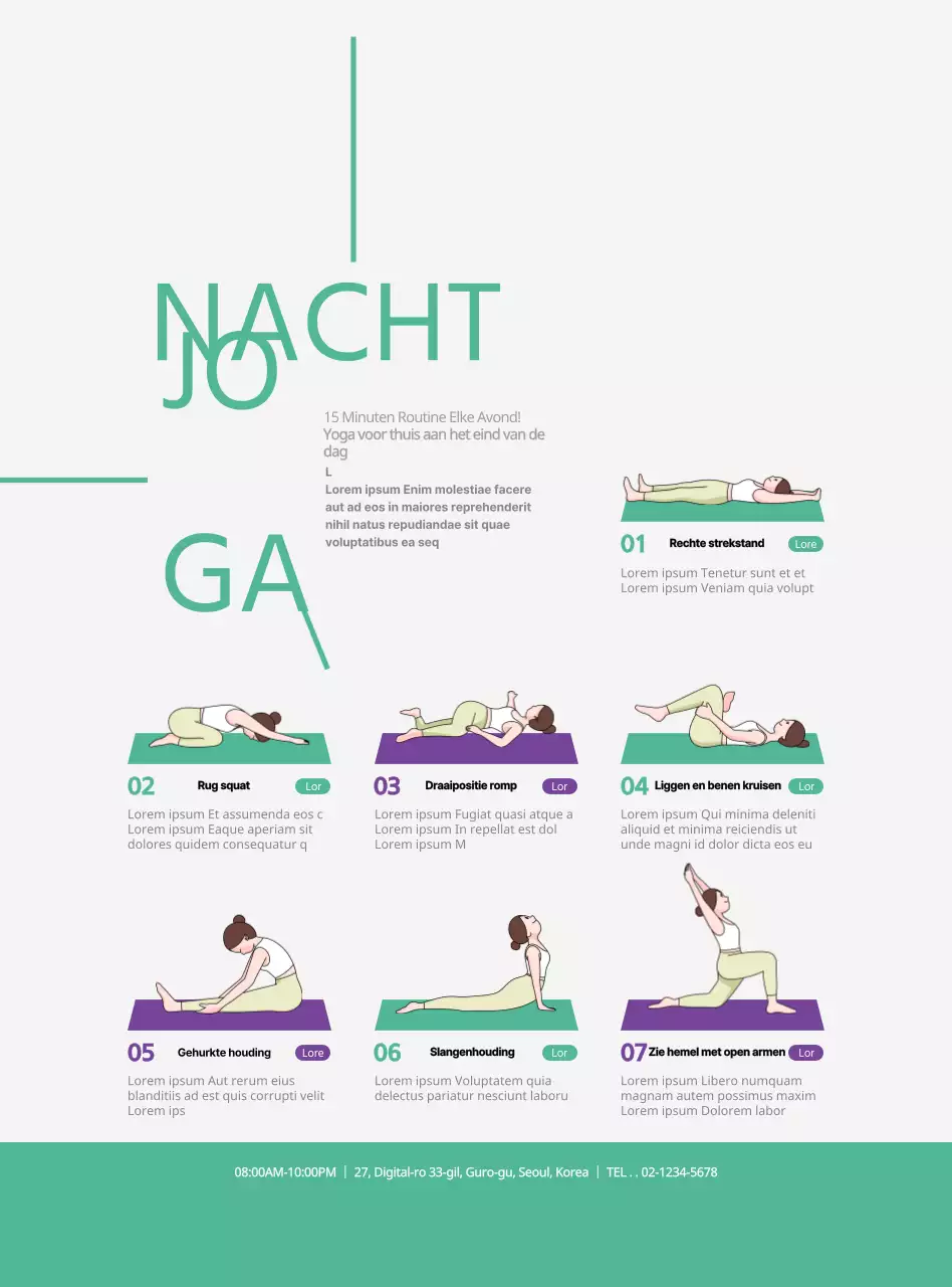Informeer en promoot yoga in een eenvoudige groene en paarse stijl