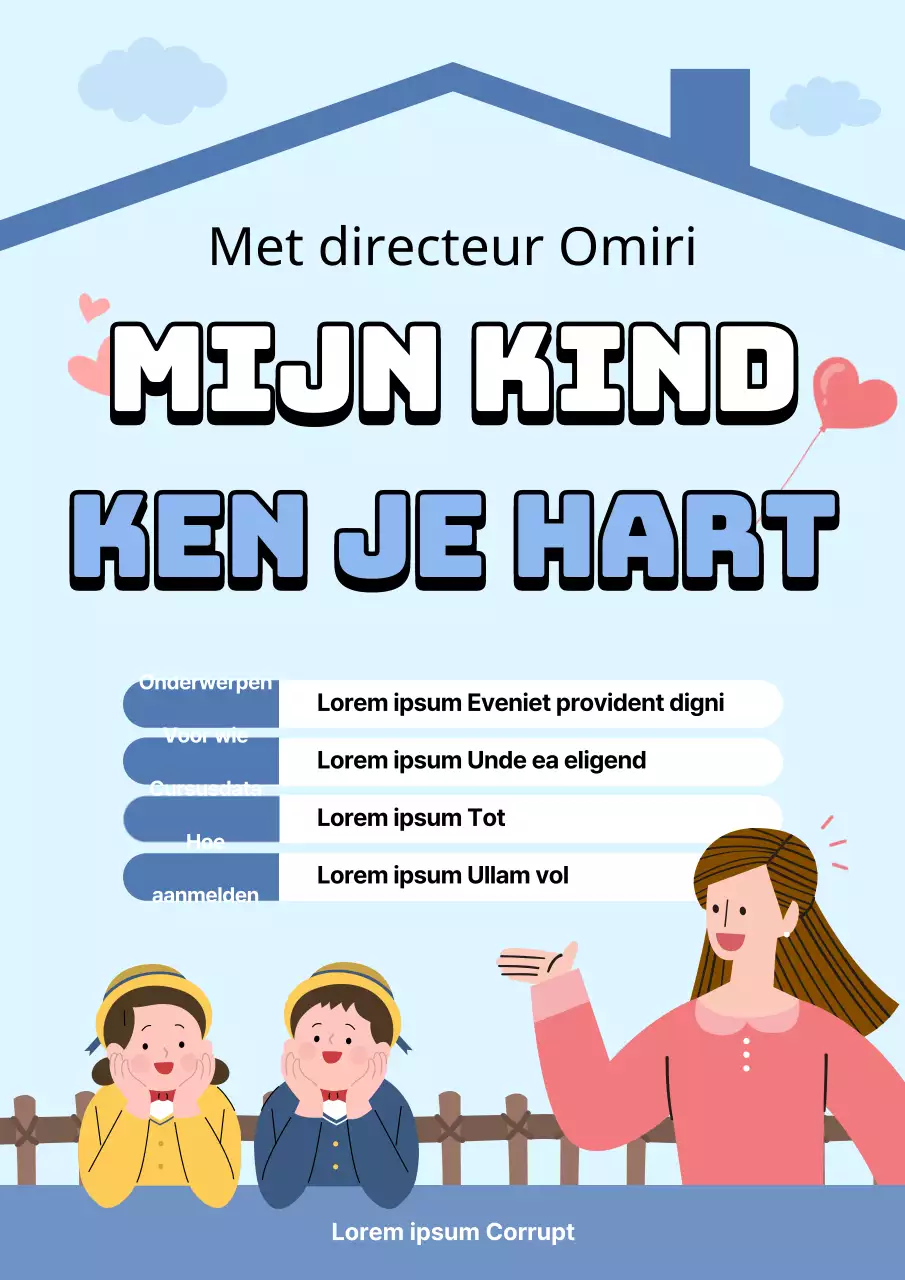 Een promotieposter voor een evenement op het Instituut voor Kinderpsychologie in blauwe tinten.