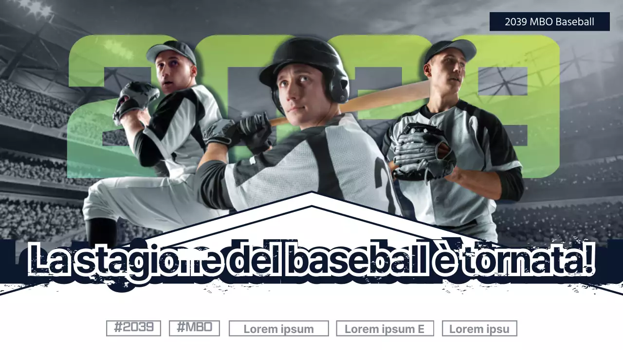Annuncio di un evento di baseball con un concetto pulito in blu scuro e colori fluorescenti
