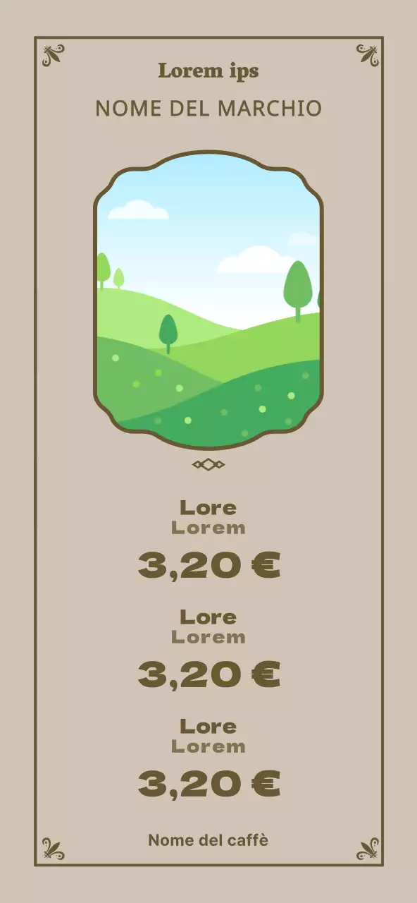 Una lussuosa cornice in marrone chiaro e marrone per promuovere il menu di un caffè di semplice concezione.