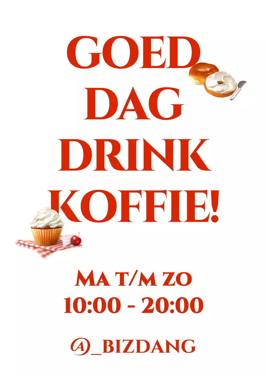 Ontwerp een café met café-gerelateerde tekst en openingstijden in rood