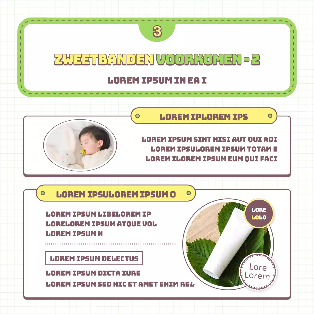 Tips om babyblootstelling te voorkomen en aanbevelingen voor opvoedingsartikelen, geïllustreerd in lichtgroen en geel.