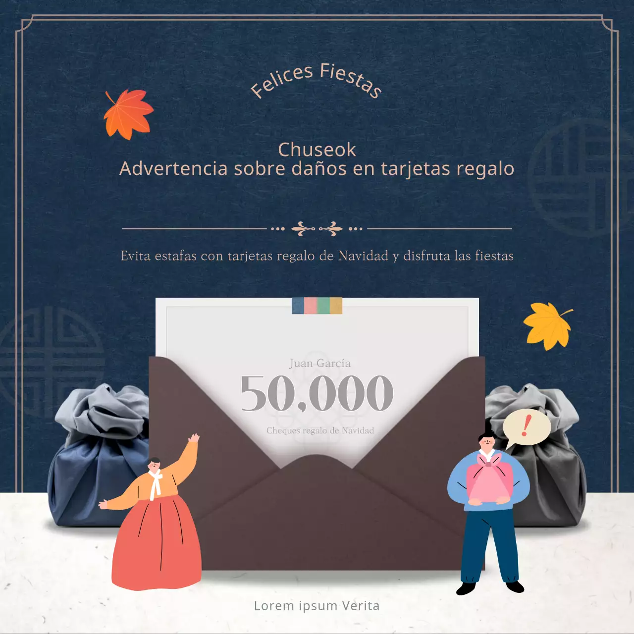 Cuidado con los vales de regalo azul marino y beige de Acción de Gracias