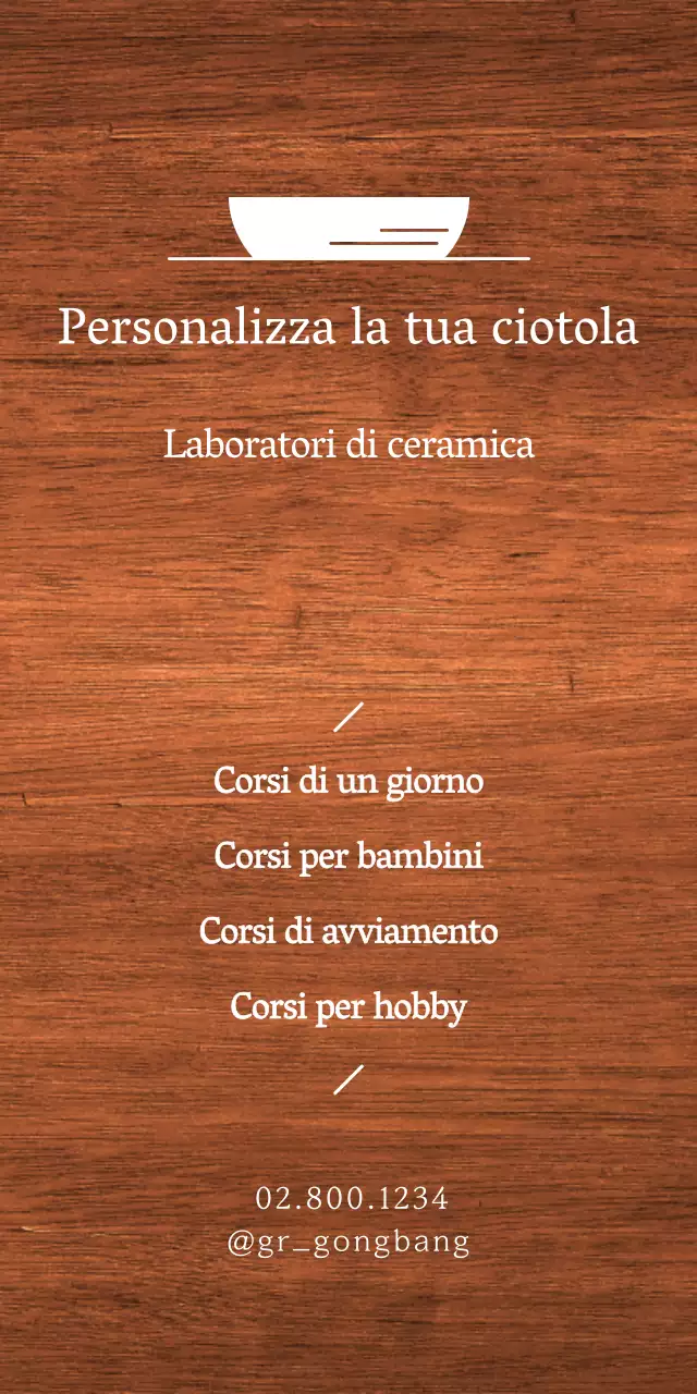 Un semplice cartello di officina con testo bianco e un'illustrazione di una ciotola