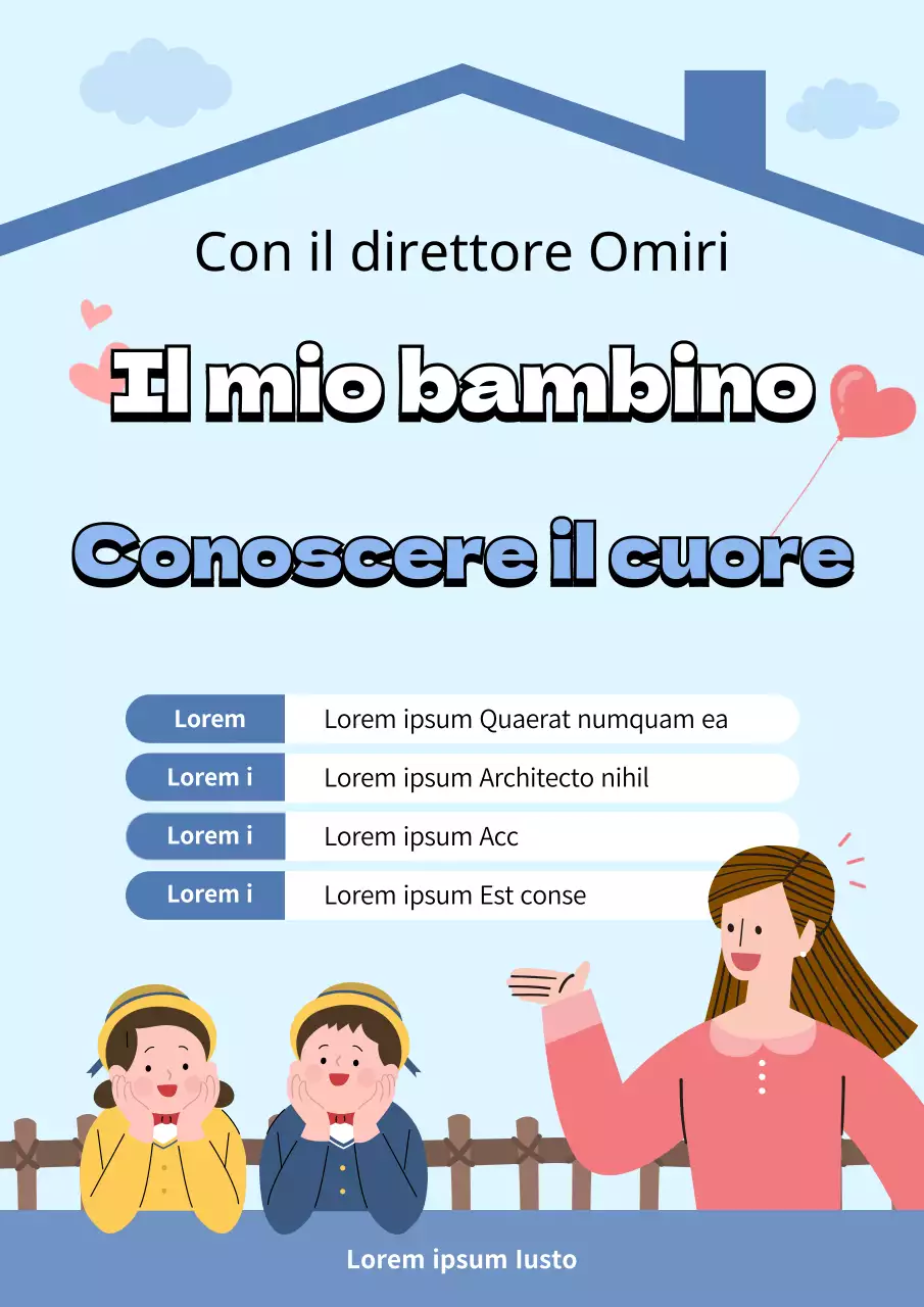 Manifesto promozionale di un evento dell'Istituto di psicologia infantile in tonalità blu.