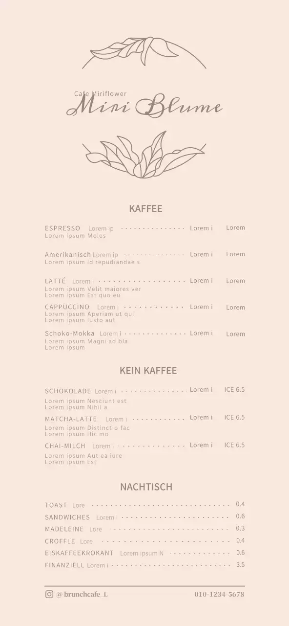 Menüpreise für ein Konzept-Café mit sentimentalen Illustrationen in Hellrosa und Braun.