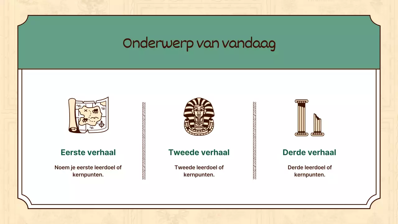 Historische illustraties in beige en groen benadrukken de lessen wereldgeschiedenis