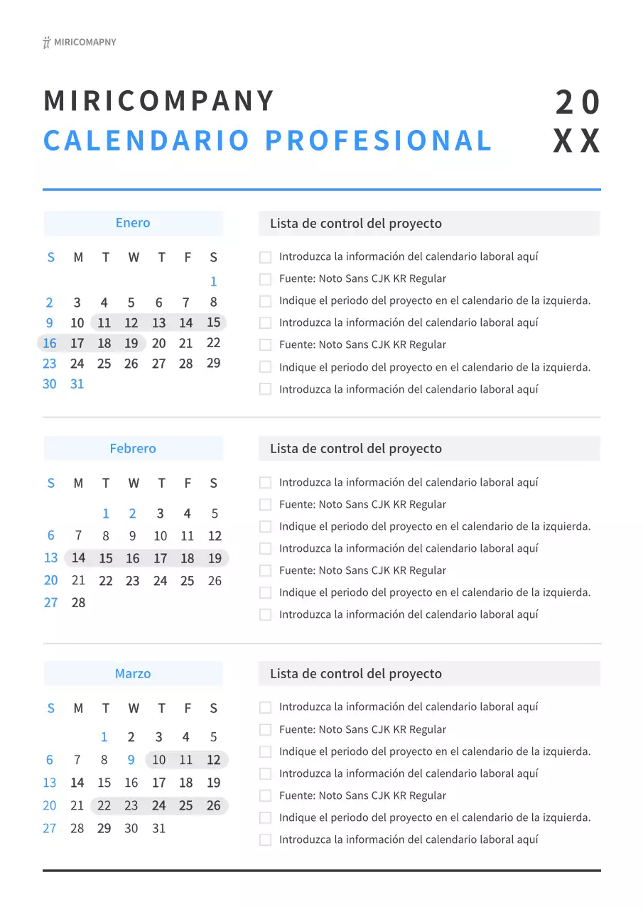 Calendario laboral sencillo en blanco y azul
