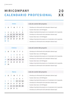 Calendario laboral sencillo en blanco y azul