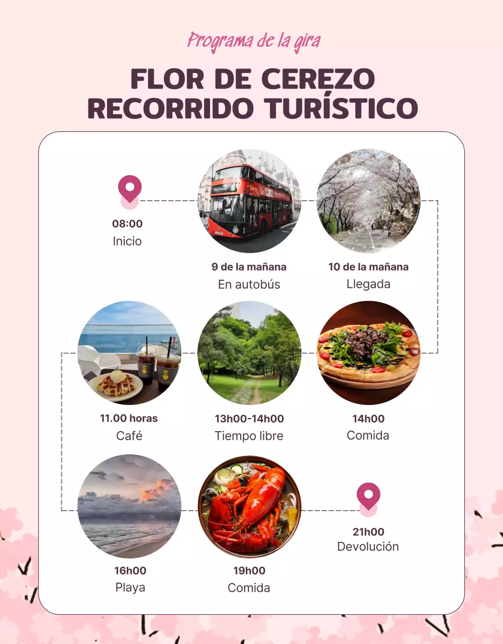 Bonitas ilustraciones de cerezos en flor en rosa pastel para promocionar el viaje