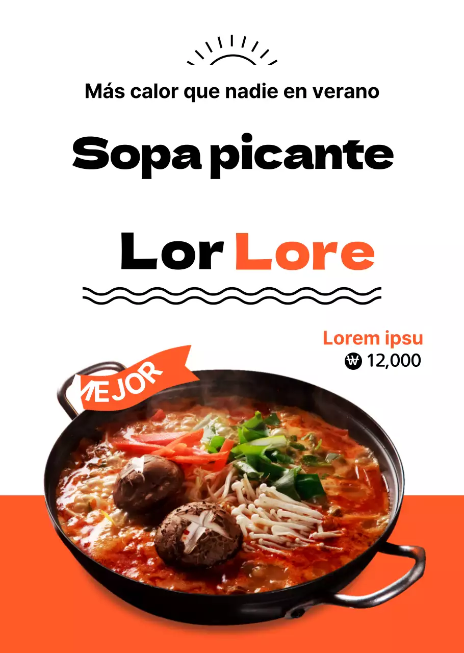 Sopa picante con un título rojo brillante
