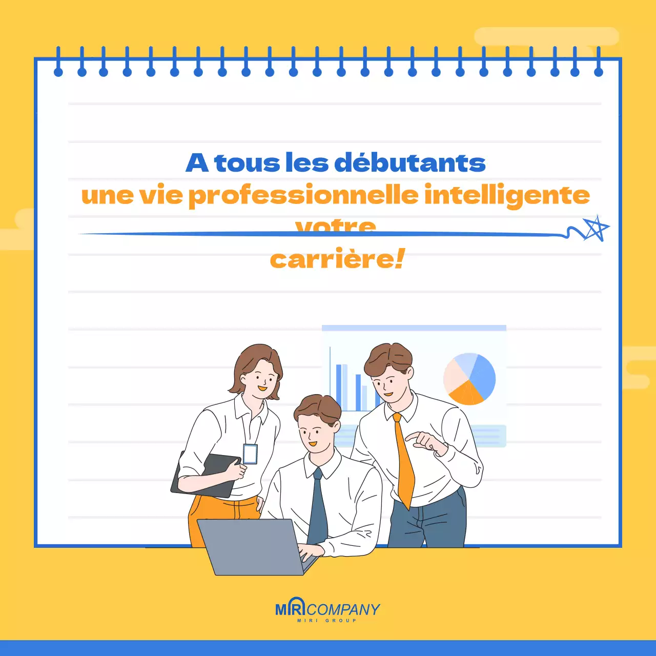 Illustration bleue et jaune concept How to report well at work CardNews