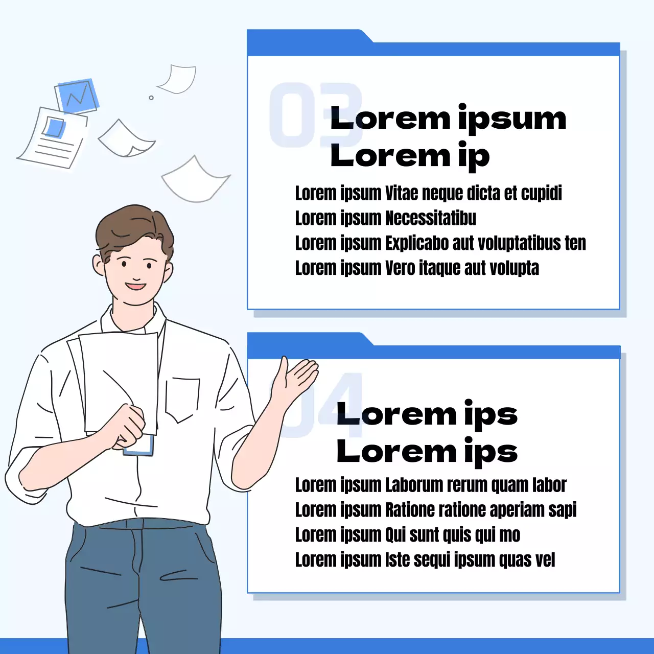 Concepto de ilustración azul y amarilla Cómo informar bien en el trabajo CardNews