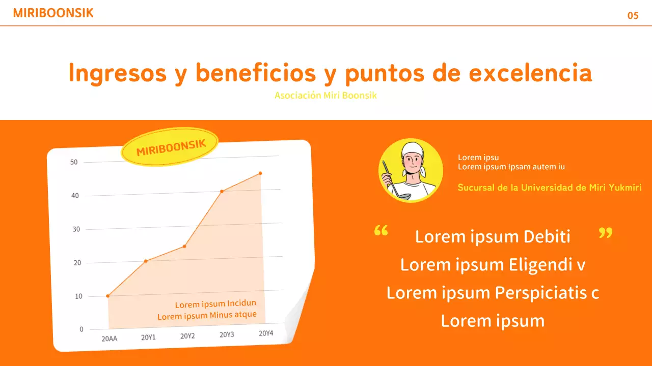 Perfil de empresa de catering con acentos de color naranja y amarillo y disposición de fotos