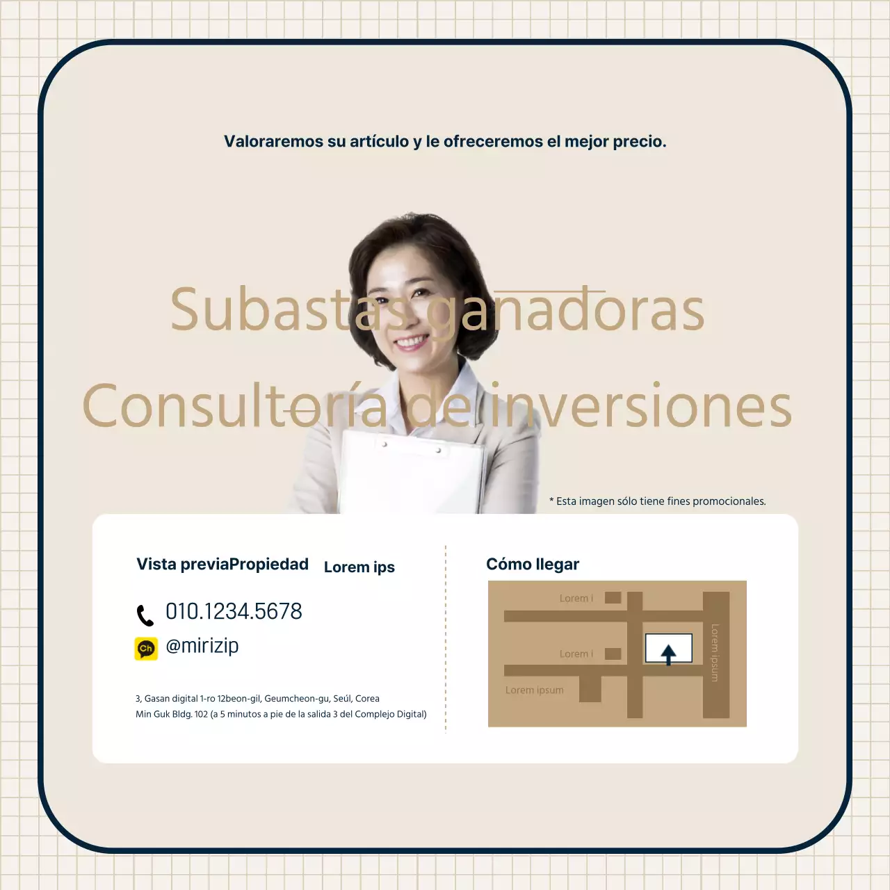 Tema de subasta inmobiliaria con ilustraciones limpias de color beige y combinaciones de marcos