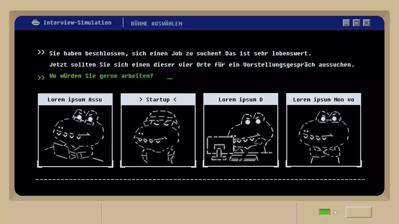 Simulation eines Vorstellungsgesprächs mit einem schwarzen Retro-Schlamm-Spielkonzept