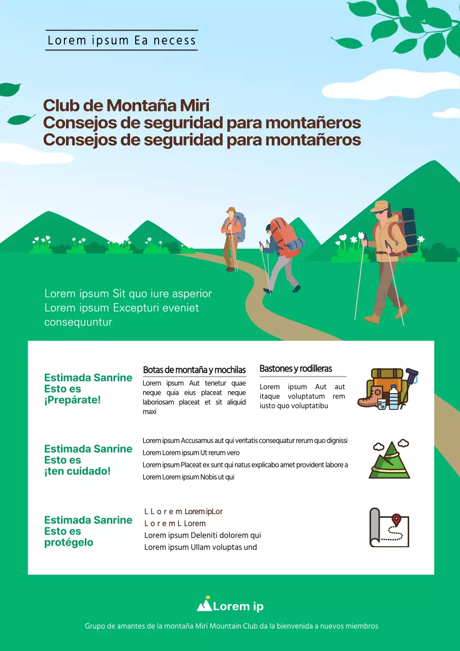 Ilustración azul cielo y verde de la Asociación de Montañismo con consejos para escalar montañas con seguridad