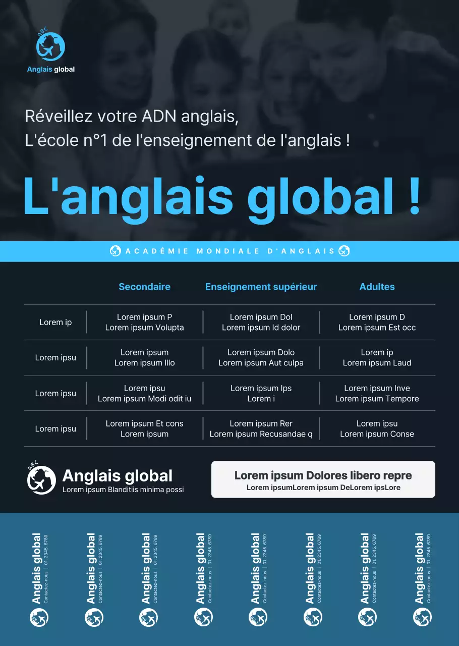 Style simple et épuré en bleu et bleu marine foncé pour l'information et la promotion des écoles d'anglais.