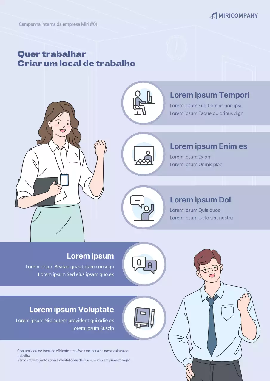Cartaz para uma campanha interna centrada numa ilustração azul Criar um local de trabalho onde se quer trabalhar
