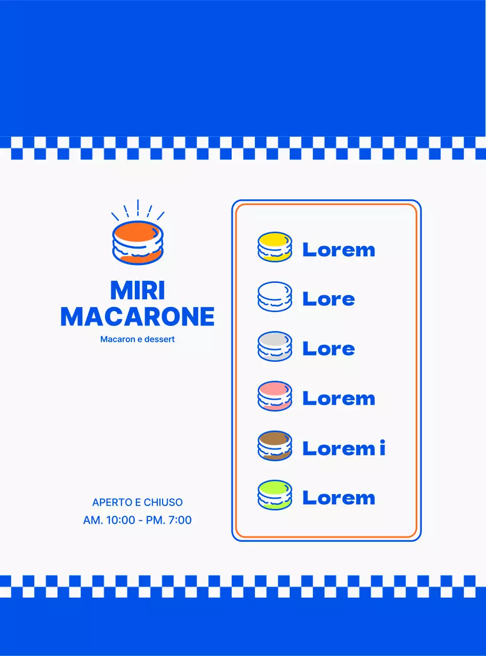 Promuovere e informare il menu di un dessert macaron di concezione pulita in blu navy e bianco.