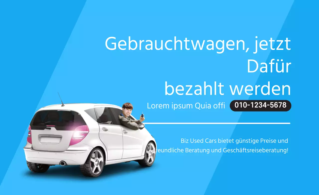 Einfacher Text-Layoutstil in Hellblau und Weiß mit Informationen zum Gebrauchtwagenzentrum