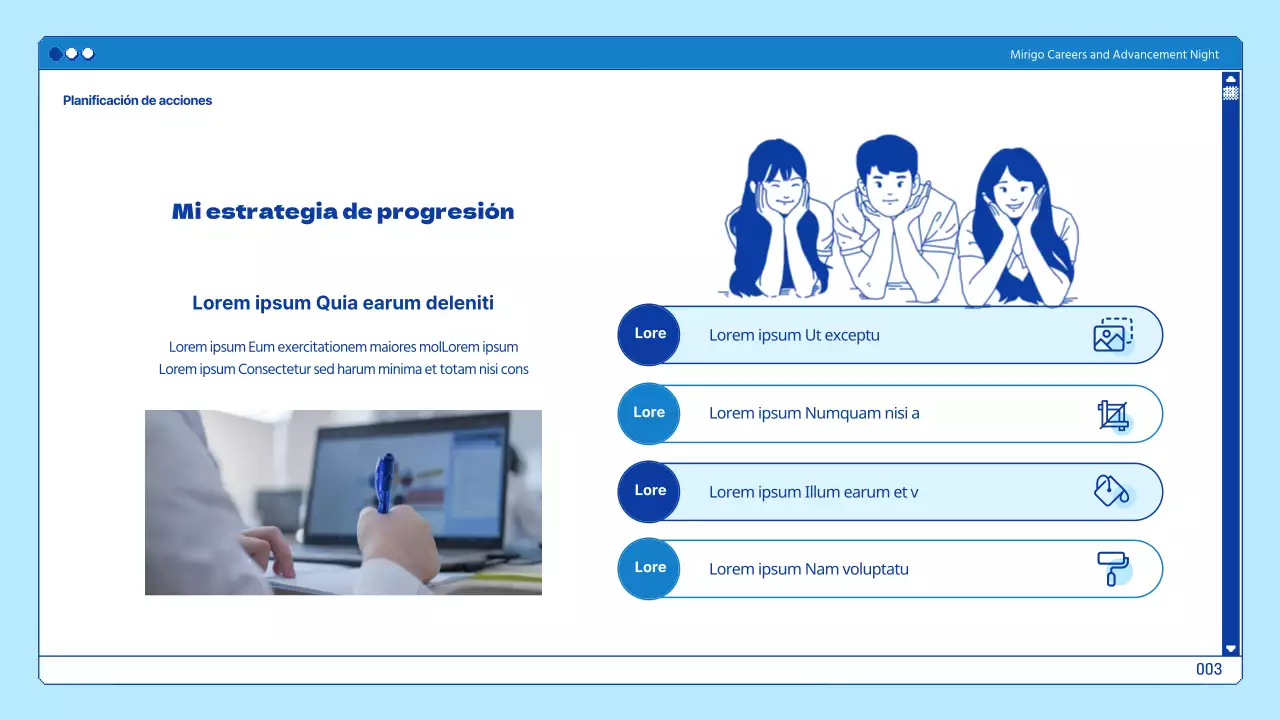 Presentaciones universitarias en un tema de navegación azul