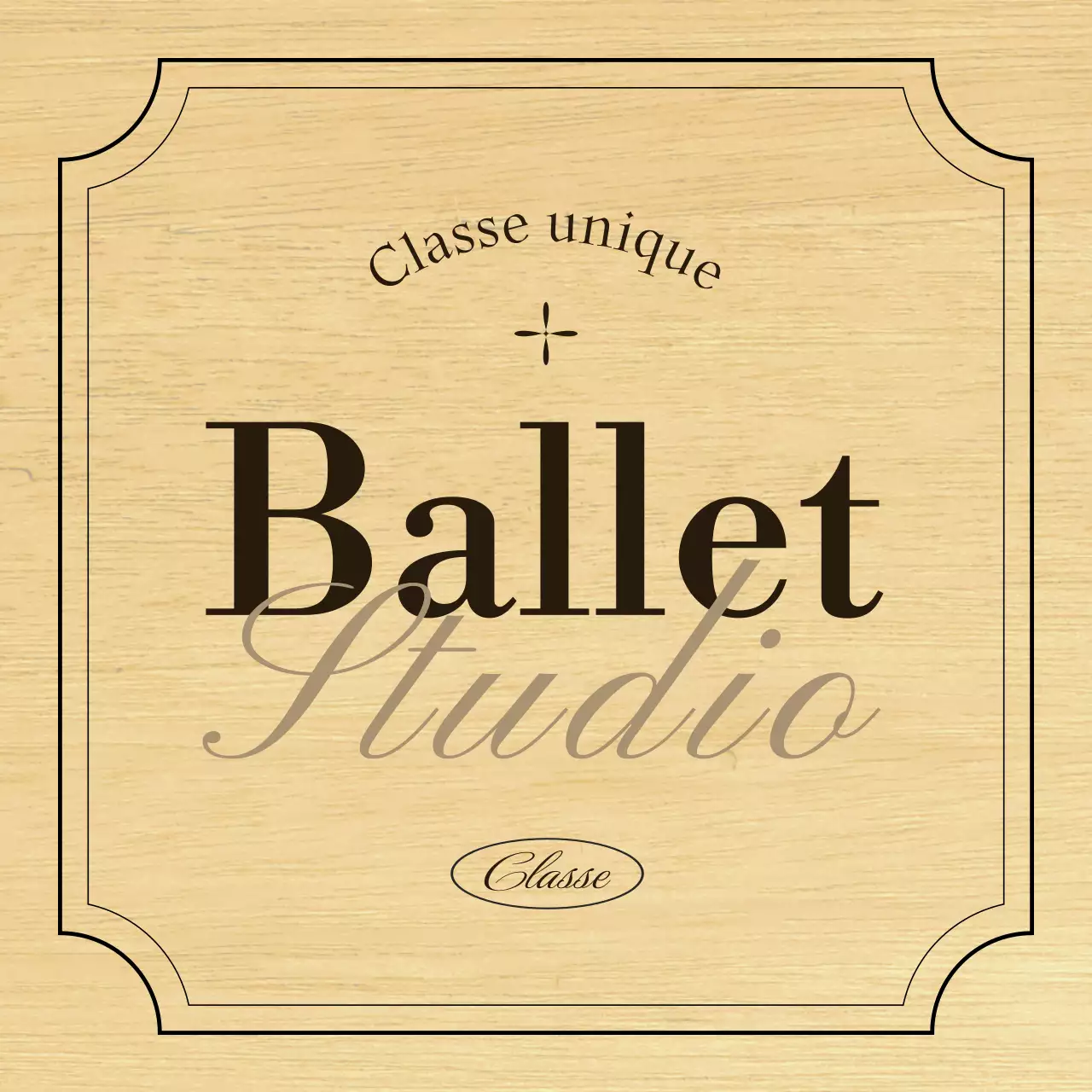 Enseigne classique d'une école de ballet avec texte et illustrations en noir et marron.