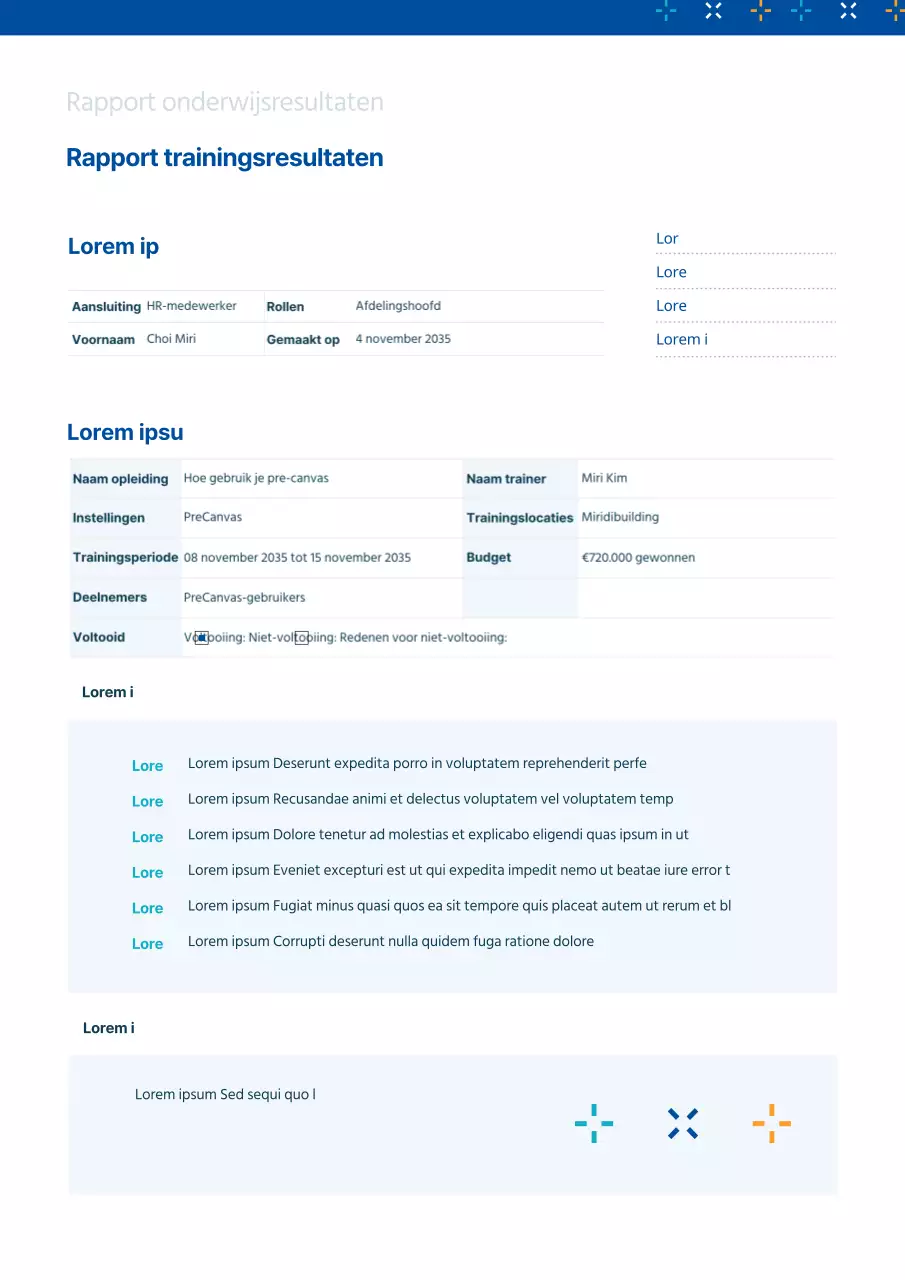 Blauw en lichtblauw trainingsrapport