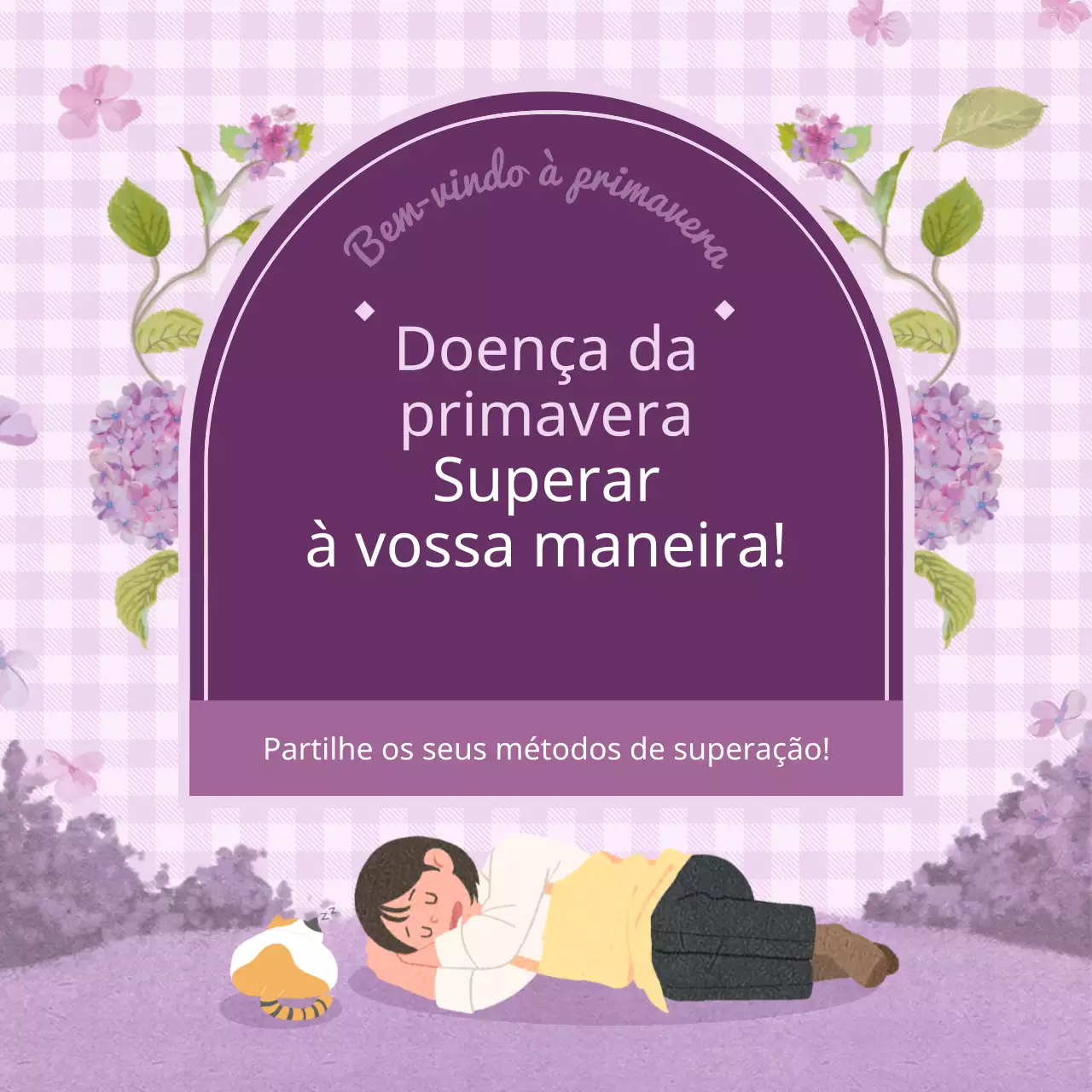 Um feed de Instagram com tema de ilustração de primavera em xadrez roxo para vencer a febre da primavera