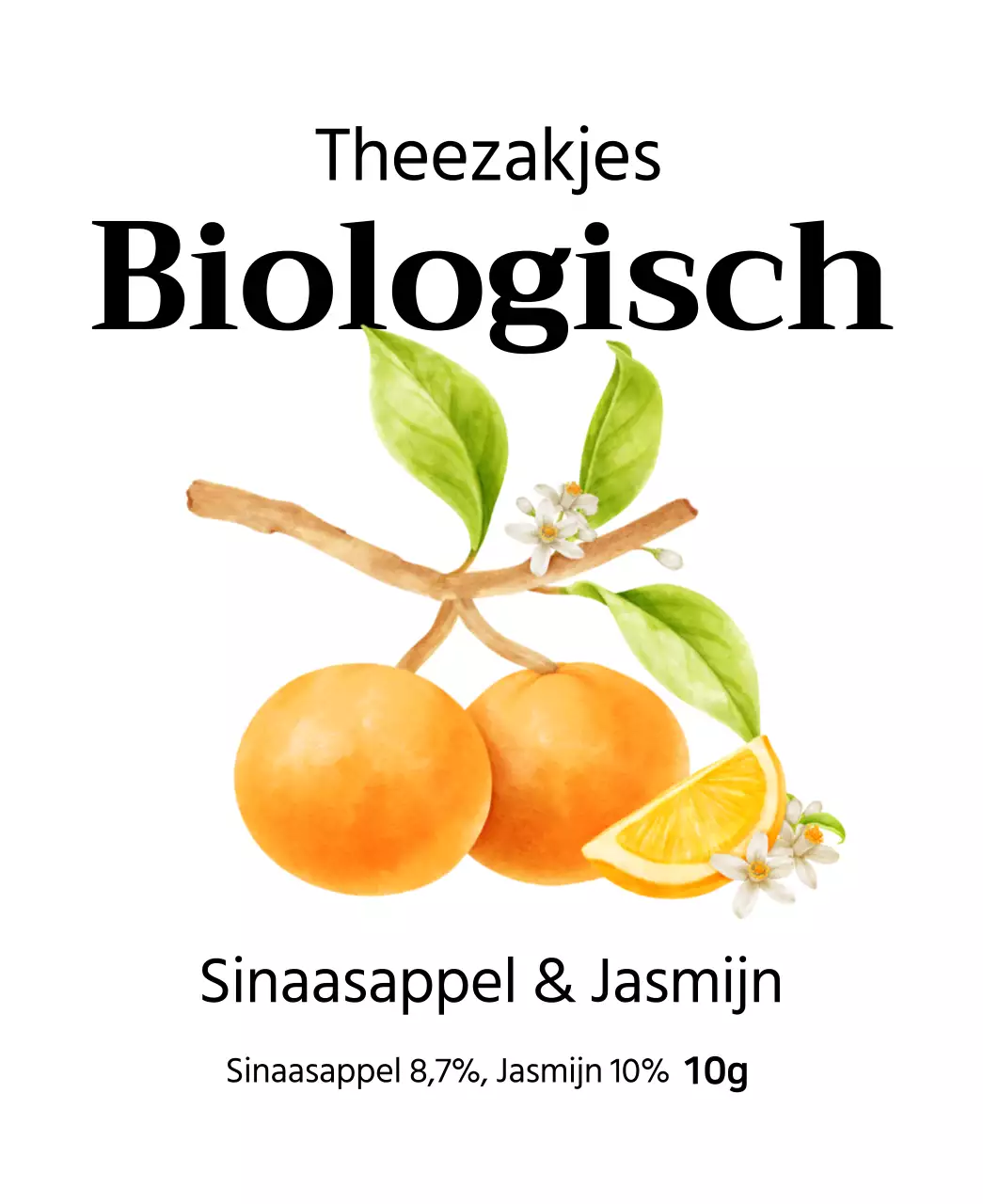 Biologische vruchtentheezakjes met aquarel fruitillustraties