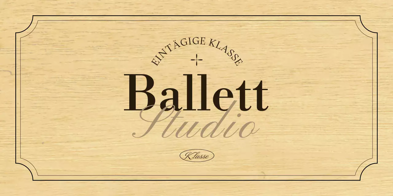 Ein klassisches Ballettschulschild mit schwarzem und braunem Text und Illustrationen.