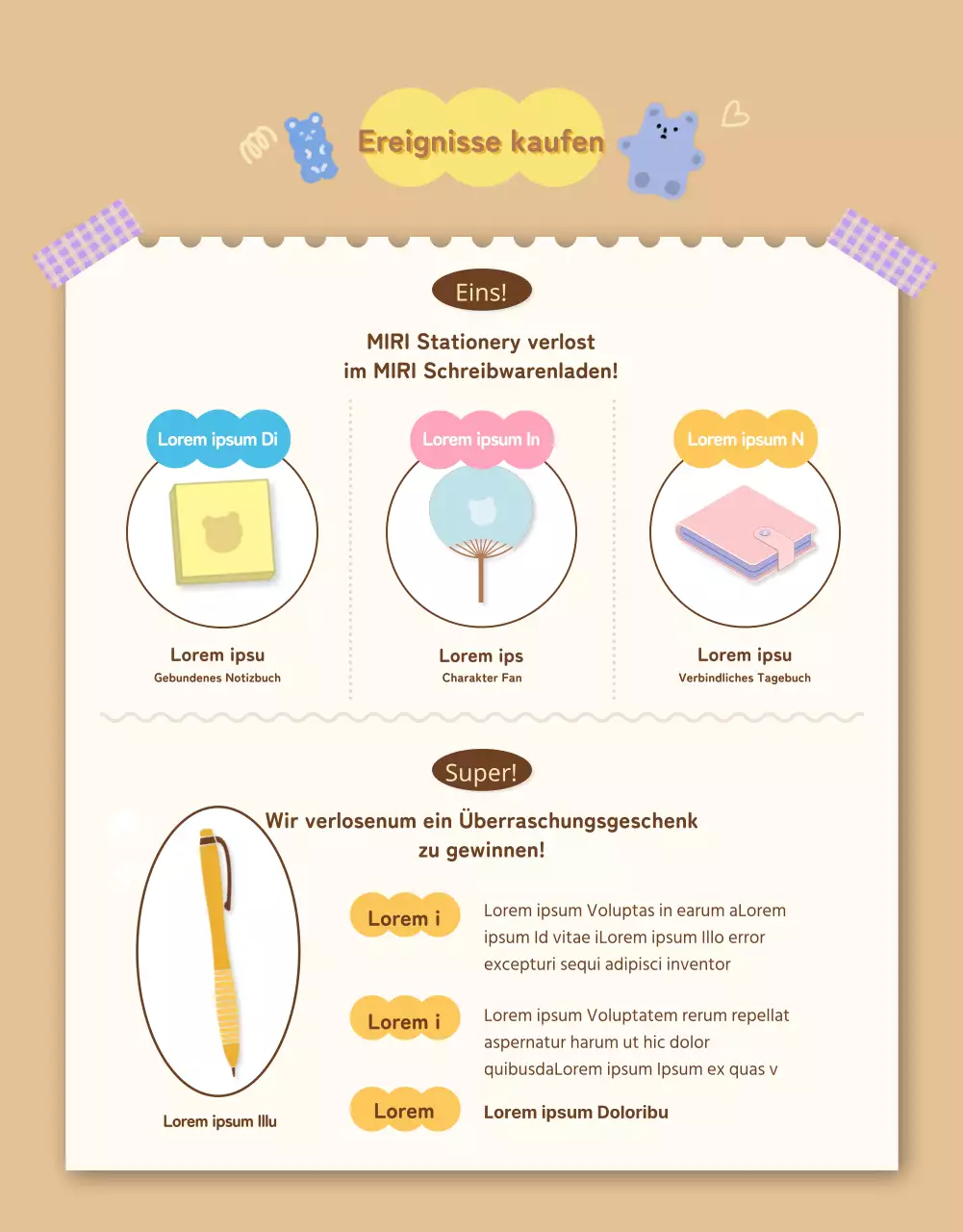 Zufällige Schachtel mit niedlichem Daku-Briefpapier in Beige und Braun