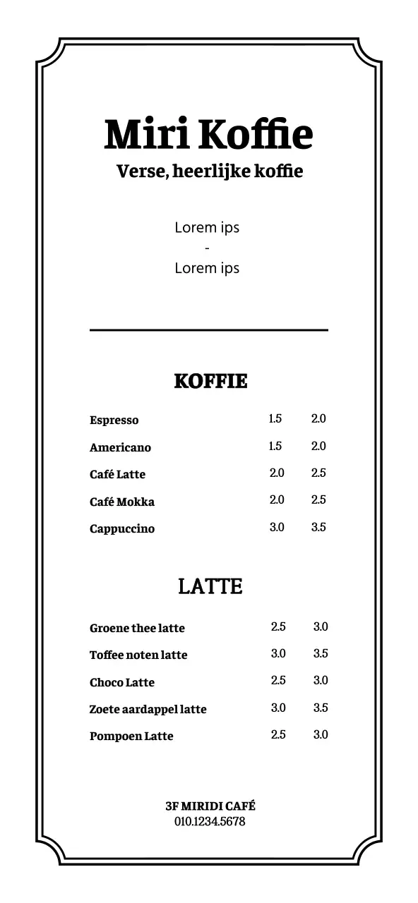 Eenvoudige, strakke stijl café menuprijzen in wit en zwart